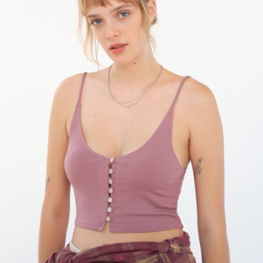 Urban Outfitters Pink Riley V-Neck Ribbed Button Front Cami Crop Top Stretch XS - Picture 6 of 8